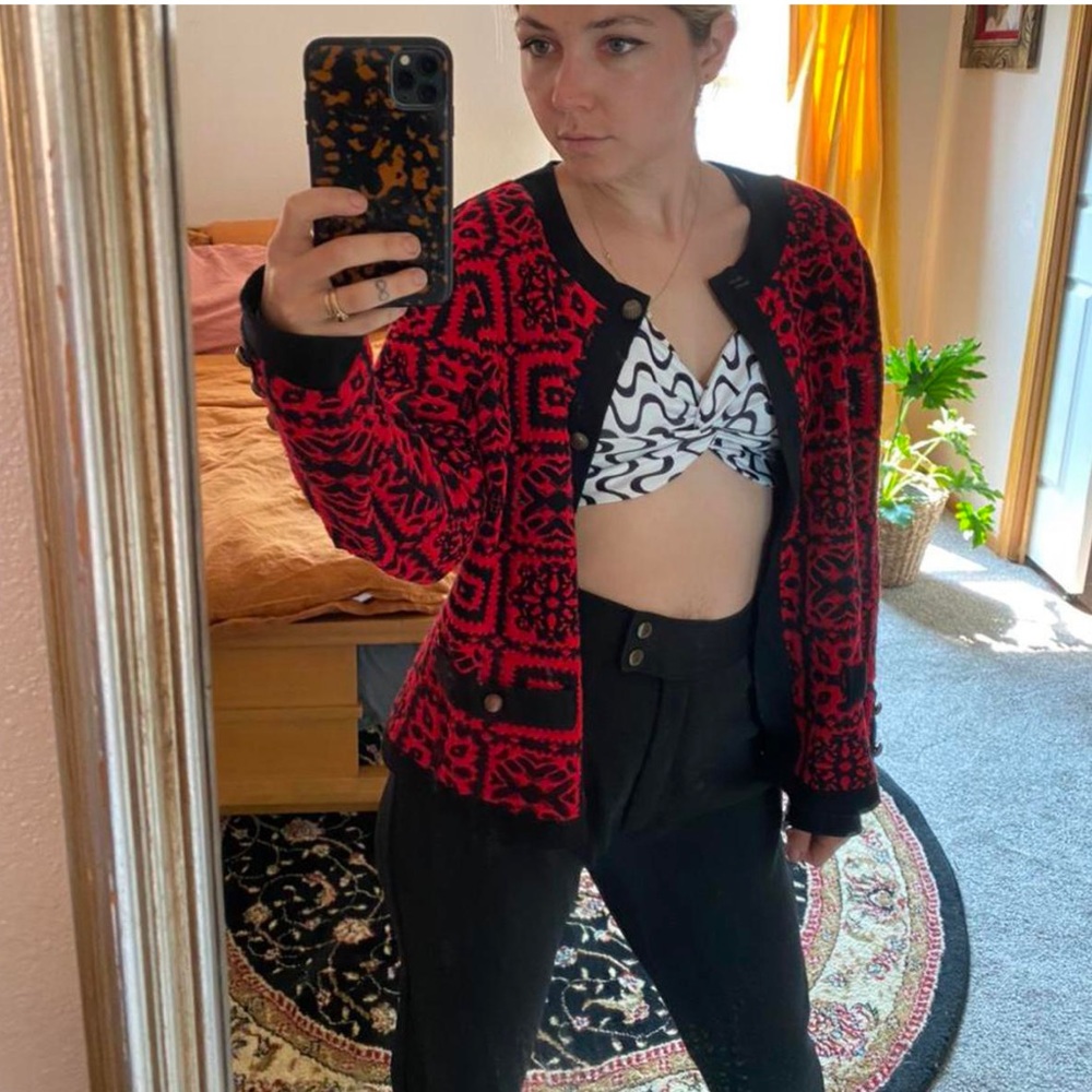 Bright Red and Inky Black Scandinavian Print Cardigan 🖤
